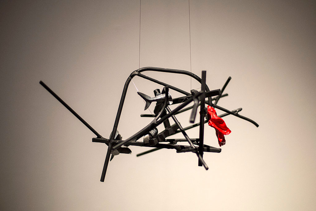 Razvan Anghelache, metal sculpture hanging, The Universe Speaks to You but Only at 4am - About the Art Market, Sweden