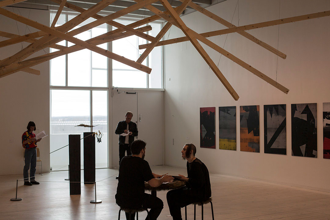 installation view and performance documentation, And the Future Never Comes, by Razvan Anghelache at Bildmuseet, Umea, Sweden
